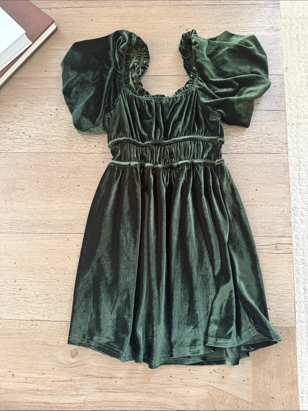 Altar'd State Deep Emerald Green Velvet Puff Sleeve Mini Dress